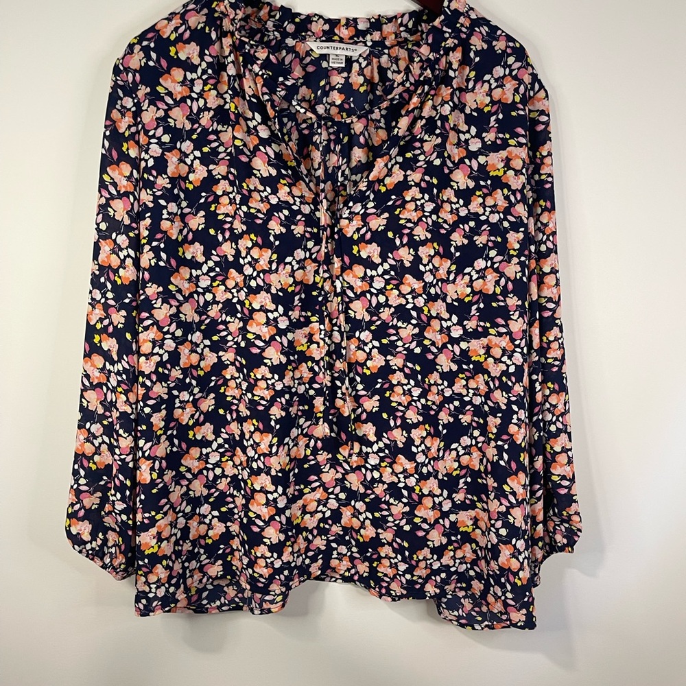 Counterparts Navy Floral Ruffle Neck Tie Blouse XL Pink Orange Long Sleeve